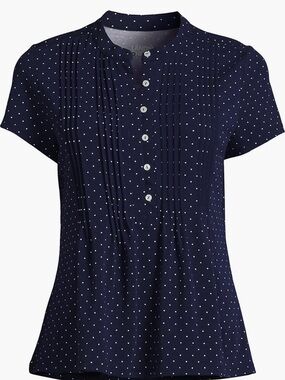 Lands' End Navy and White Pintuck Polka Dot Blouse